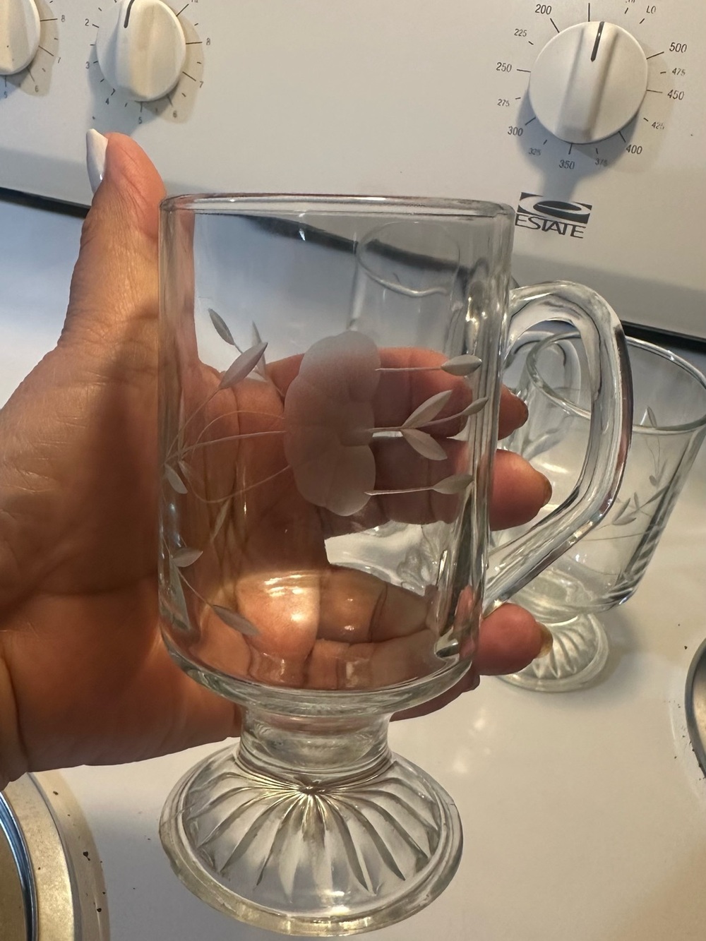 Clear Etched Glass Footed Mugs by